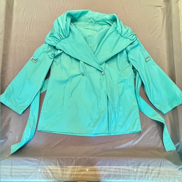 MaxMara Blue/Green Hood/Shawl Collar Trench Coat w/ Belted Waist Size 14/XL $ - Picture 4 of 16